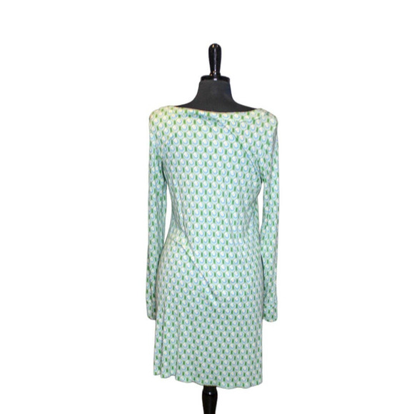 Boden Long Sleeve Dress Modal Scoop Neck Graphic Print Green Blue Tan Wh… - Picture 2 of 3